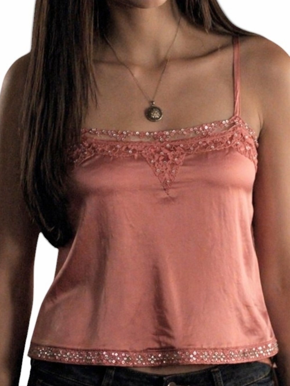 Dex Silk Lace Rhinestone Camisole Womens Large Spaghetti Strap Coral Pink Y2K